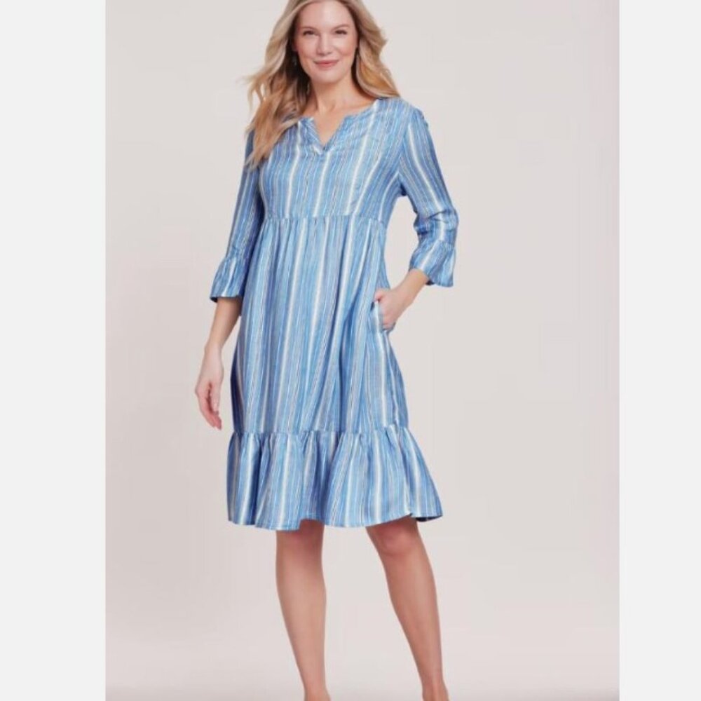 NEW Blue Striped Plus Sz 2X Tiered Knee Length Flounce Dress Side Pockets BLAIR